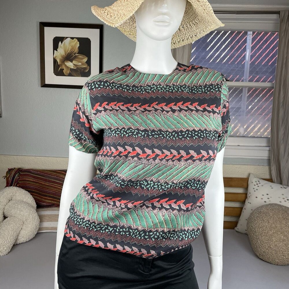 Anna & Frank Silk Short Sleeve Blouse Women’s Petite Med Tropical Print Vintage